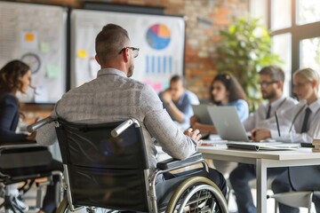 speaker in a wheelchair holding a meeting in the office