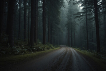 Fototapeta premium A Winding Forest Road on a Misty Day