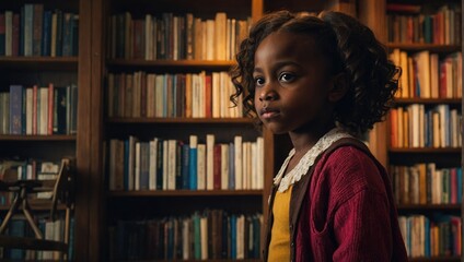cute african american schoolgirl standing in library