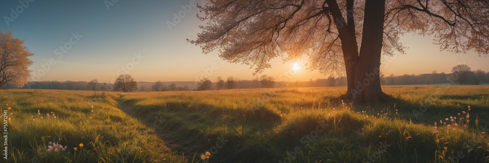 Wall mural sun setting behind tree in field