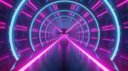 A futuristic neon-lit tunnel with vibrant blue and magenta lights creating a sense of depth and movement.