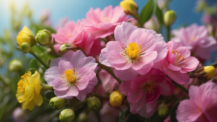 Obraz premium Close Up of Pink Spring Blossoms Against a Blue Sky