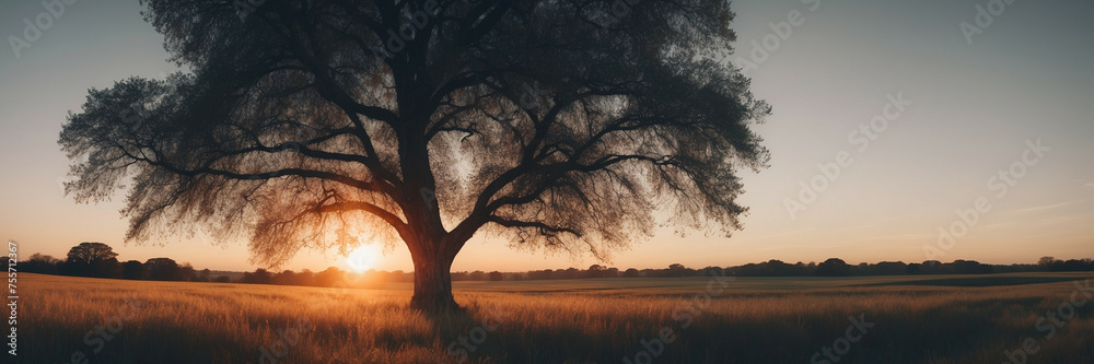 Wall mural sun setting behind tree in field