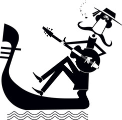 Man with guitar and gondola.  Funny gondolier with long mustaches rides on gondola playing guitar and singing. Black and white  © bigmen