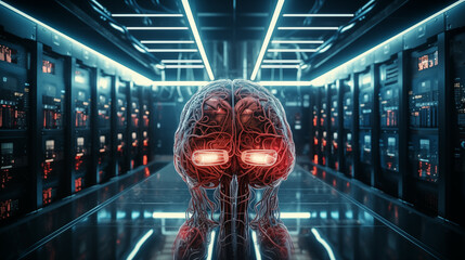 Futuristic AI brain with glowing red eyes in a high-tech server room corridor. - obrazy, fototapety, plakaty