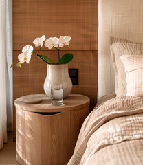 A warm and textured bedroom vignette features a round wooden bedside table adorned with a vase of blooming white orchids, accompanied by a glass of water, hinting at a calm, relaxed morning ambiance
