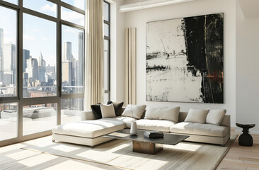 This modern, minimalist living room in an urban loft boasts expansive city views through floor-to-ceiling windows, complemented by a large abstract painting and sleek furnishings - obrazy, fototapety, plakaty