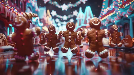 Foto op Canvas Holographic gingerbread men dancing merrily in a confectionary wonderland © AI artistic beauty