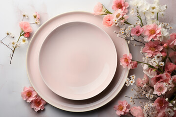 Spring table setting with spring blossom flowers on pastel pink background. Top view. flat lay style