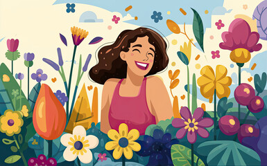 Obraz na płótnie Canvas A beautiful woman surrounded by vibrant flowers under a sunny sky