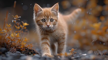 A kitten is walking through a field of yellow leaves