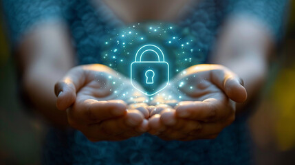 Data protection and cyber security. Close-up of hands with a padlock icon on the symbol indicates security.