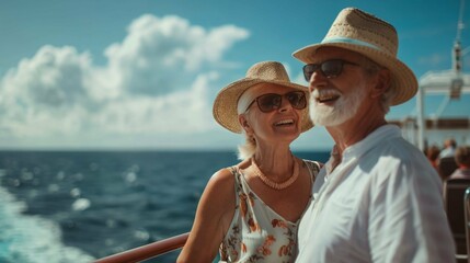 A radiant senior couple cherishes the joy of travel and companionship on a luxury cruise vacation