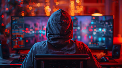 A hacker wearing a hoodie, seated in front of a monitor.