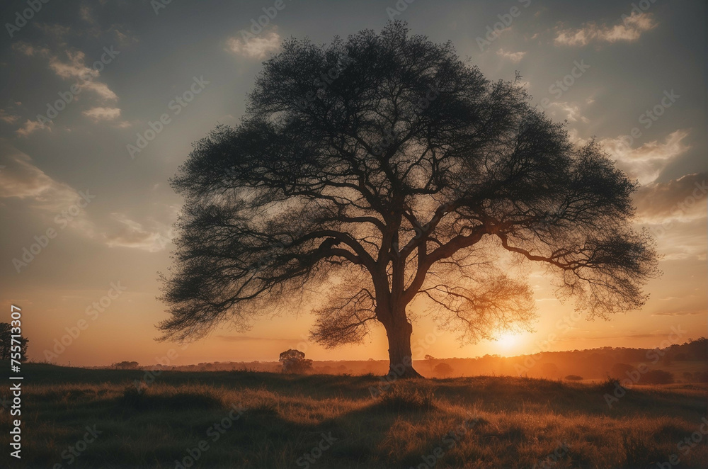 Wall mural tree silhouetted against setting sun in open field