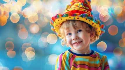 Festive banner with joyful toddler in a colorful clown costume with a ruffle hat, celebrating at a festive party with bokeh lights background. Generative AI - obrazy, fototapety, plakaty