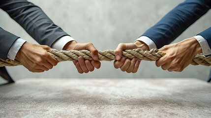 Two businessmen in a suit hold a rope in a tug of war on a gray background - obrazy, fototapety, plakaty
