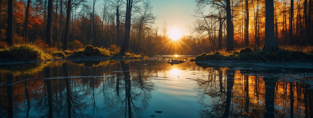 Sun Setting Over Lake Surrounded by Trees