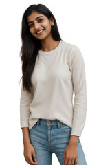 Young Indian woman wearing casual clothes, smiling and looking at the camera, isolated, transparent background, no background. PNG.