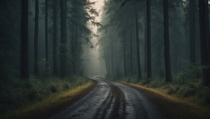 Obraz premium Dirt Road Cutting Through Dense Forest