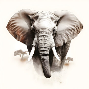 Drawing of an african elephant portrait. Stylized illustration of an elephant head.	