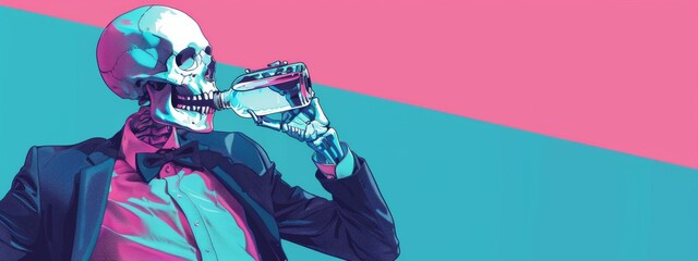 Skeleton in suit drinking hard liquor from the flask on the bright blue and pink background  - obrazy, fototapety, plakaty