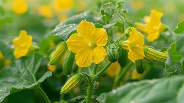 Cucumbers Growing on Vine With Yellow Flowers