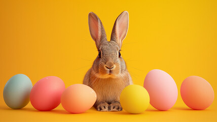 Bunny with Easter eggs , concept of the Christian holiday Easter
