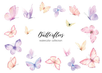 Pink violet butterflies border frame. Watercolor vector floral background. Design for party invitation, birthday celebration, cards, wedding. Spring or summer decoration. Hand painted illustration.