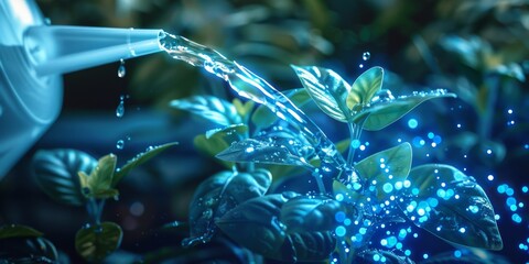 Futuristic watering the plants at home with blue abstract effects around