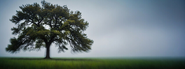 Obraz premium A Lone Tree Stands in the Mist Under Blue Sky