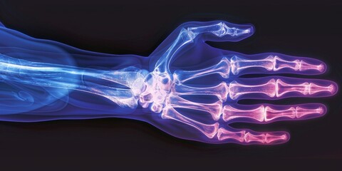 Xray of a human hand with blue and pink fluorescent effects, lifestyle concept - obrazy, fototapety, plakaty