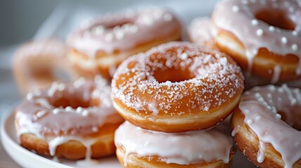 Delicious pile of glazed donuts with white icing