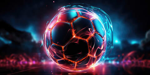 A glowing soccer ball with neon energy lines on a dark, electrified background.
