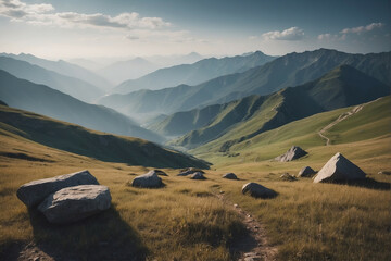 Grassy Field With Rocks and Mountains