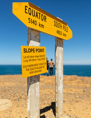 Signs at Slope Point, the most southerly point of the South Island of New Zealand.