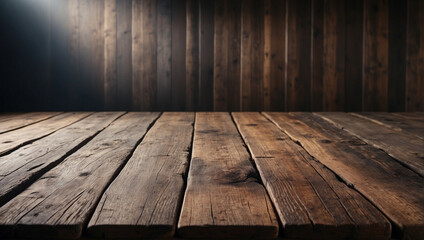 Empty Rustic Wooden Table With Dark Wooden Wall Background