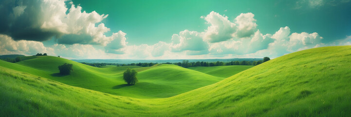 Obraz premium Lush Green Meadow Under Summer Sky With Rolling Hills