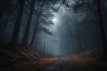 Naklejka premium Foggy Forest With Dirt Road