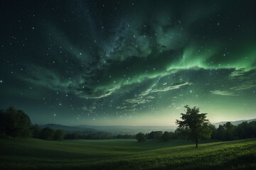 Fototapeta premium Green and Black Sky Filled With Stars