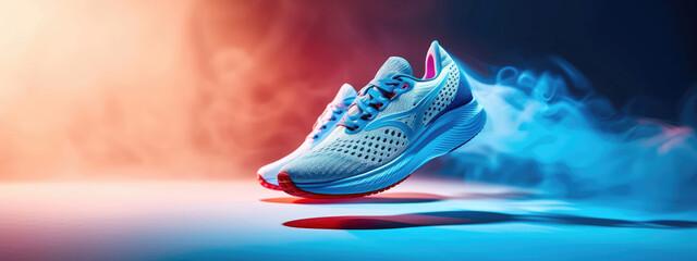 A modern running shoe enveloped in a cool mist against a dynamic blue and red background.
