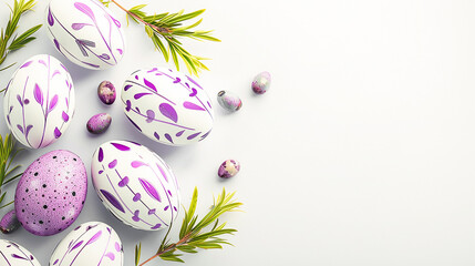 Obraz na płótnie Canvas Spring Easter background with Easter eggs floral print of purple spring flowers and leaves on a light background with copy spaces.