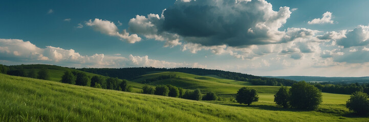 Fototapeta premium Rolling Green Meadow With Fluffy Clouds