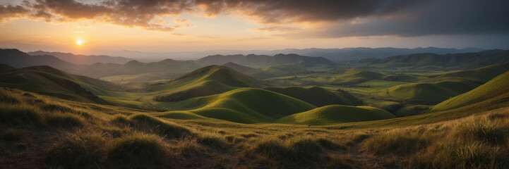 Sunset over rolling green hills in a mountainous landscape