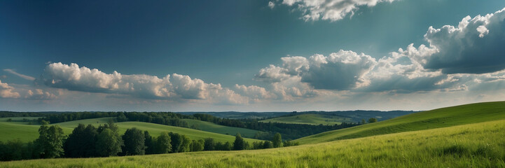 Obraz premium Fluffy Clouds Over Green Meadow Landscape