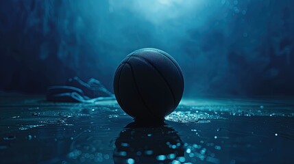 Editorial photo of a basketball ball. trending, award winning, blue tones, central composition, epic, cinematic, minimalistic, world cup championship, Generative Ai - Powered by Adobe