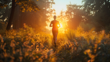 Woman jogging along a serene riverside at sunrise. Healthy lifestyle and fitness concept. Design for motivational poster, workout inspiration, and wellness blog - obrazy, fototapety, plakaty