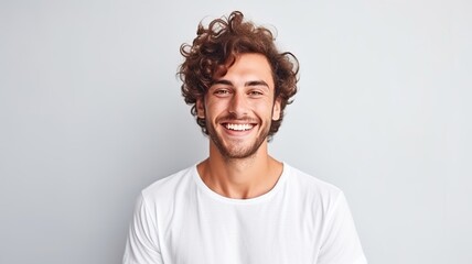 A captivating portrait of a cheerful young man with curly hair and a stylish beard in a white t-shirt, perfect for modern marketing campaigns with a positive and youthful appeal. - obrazy, fototapety, plakaty