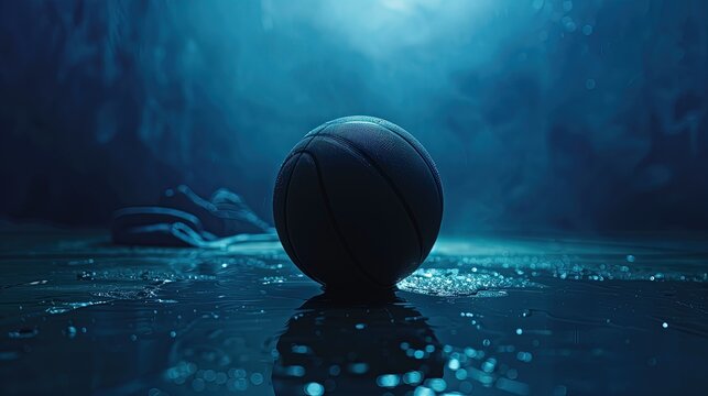 Editorial photo of a basketball ball. trending, award winning, blue tones, central composition, epic, cinematic, minimalistic, world cup championship, Generative Ai