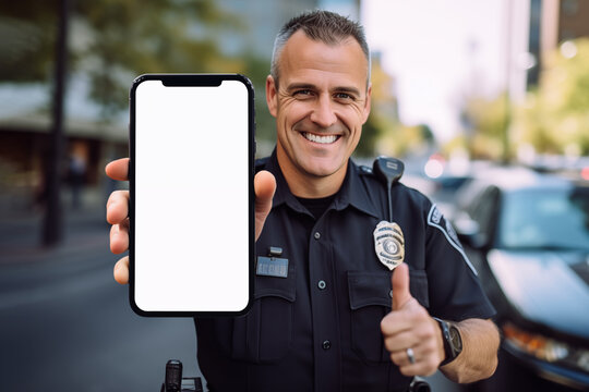Policeman showing blank screen smartphone mockup on street